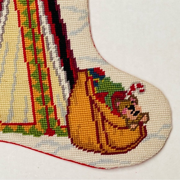Handmade Needlepoint Santa Christmas Stocking Sack Tree Wool Cotton 18 Inches - Picture 4 of 5